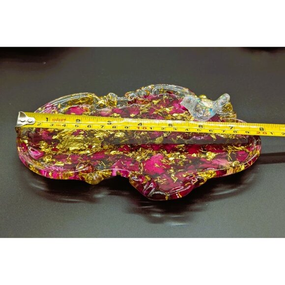 Handcrafted Resin Trinket Tray With Gold Foil Dried Roses & Bird Accent - Picture 5 of 5
